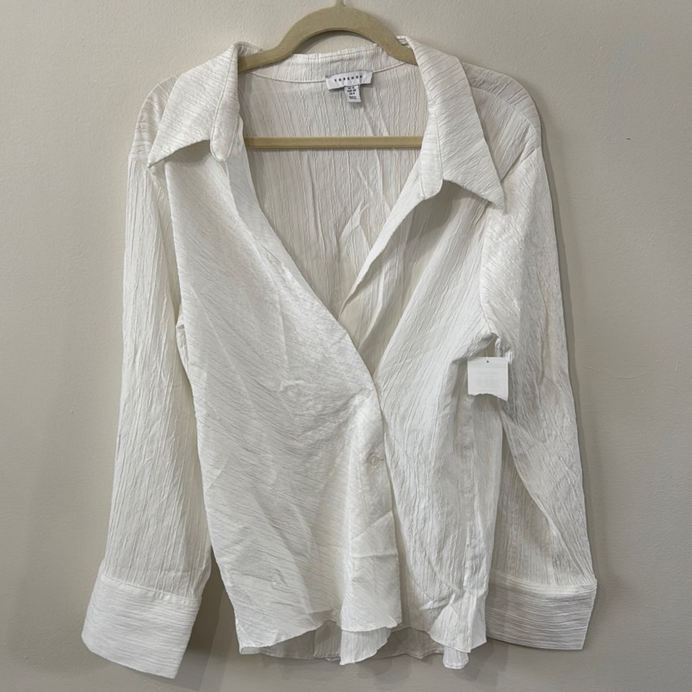Topshop White Notched Collar Wrap Button Down Shirt New with Tag Long Sleeve